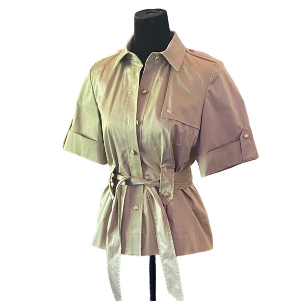 $350 Dana Bachman Beige Short Sleeve Belted Shirt jacket